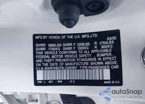 2020 Honda Civic Type R Touring from USA, damaged, VIN SHHFK8G79LU200997